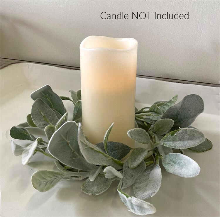 New Cottage Chic Farmhouse SAGE GREEN LAMBS EAR Candle Ring Wreath 4″ Inside
