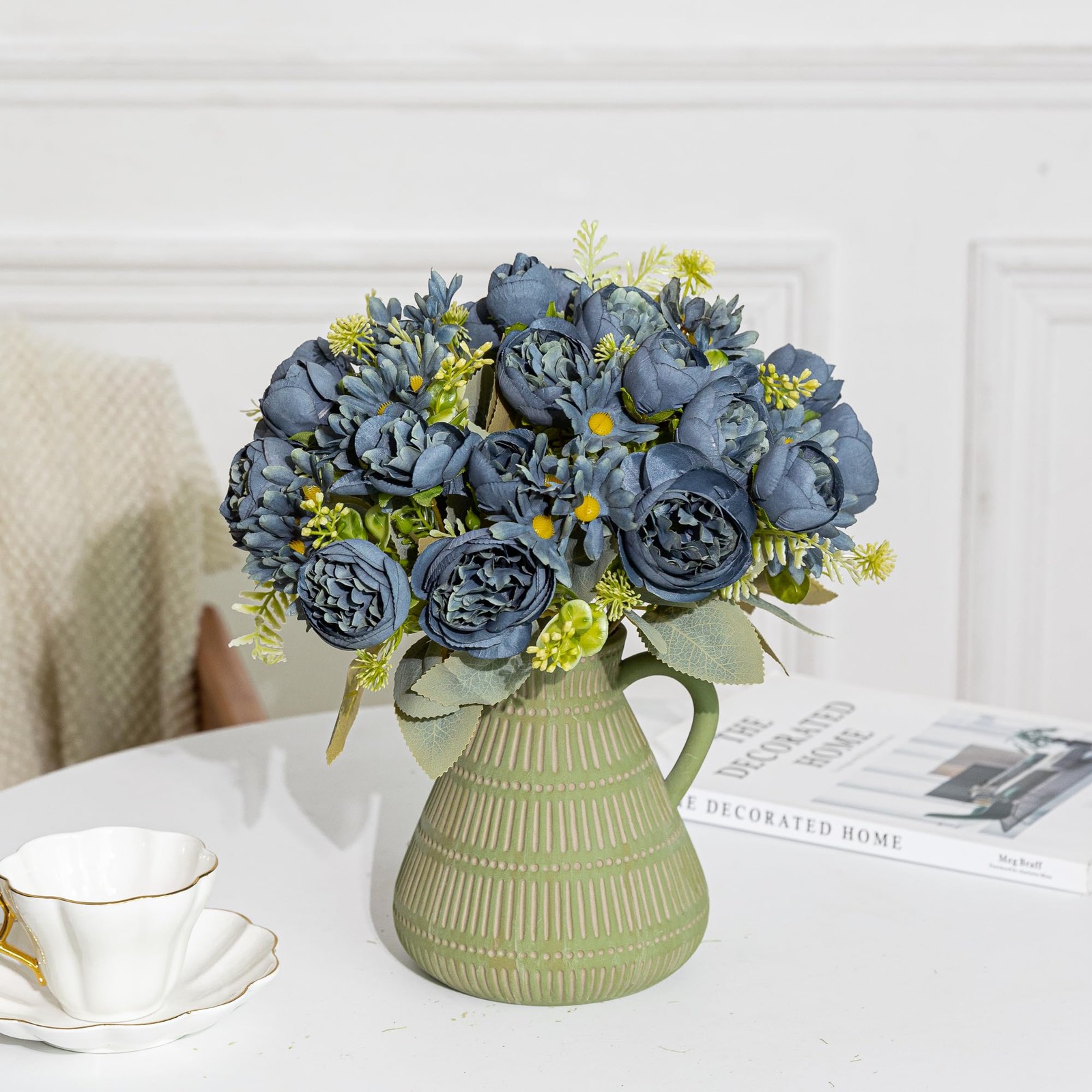 4 Bundles Artificial Peonies Dark Blue Silk Chrysanthemum Bouquet Wedding