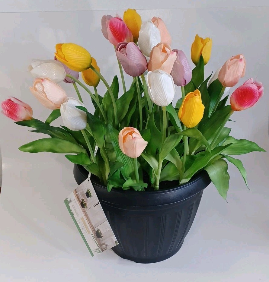 House & Garden Large Potted Faux Tulips, Just Drop In Your Favorite Planter,…