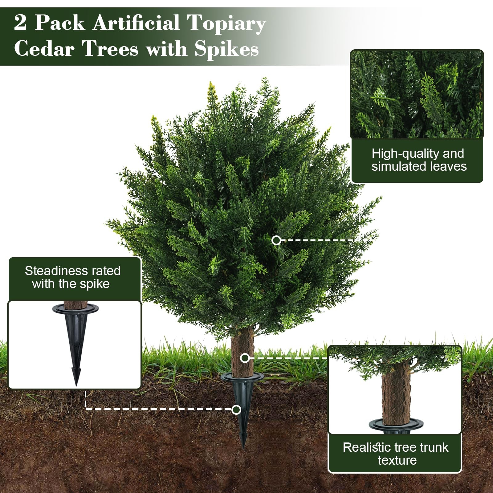 Chillchard 21″ Artificial Cypress Topiary Outdoor Plants with Spike, 2 Pack F…