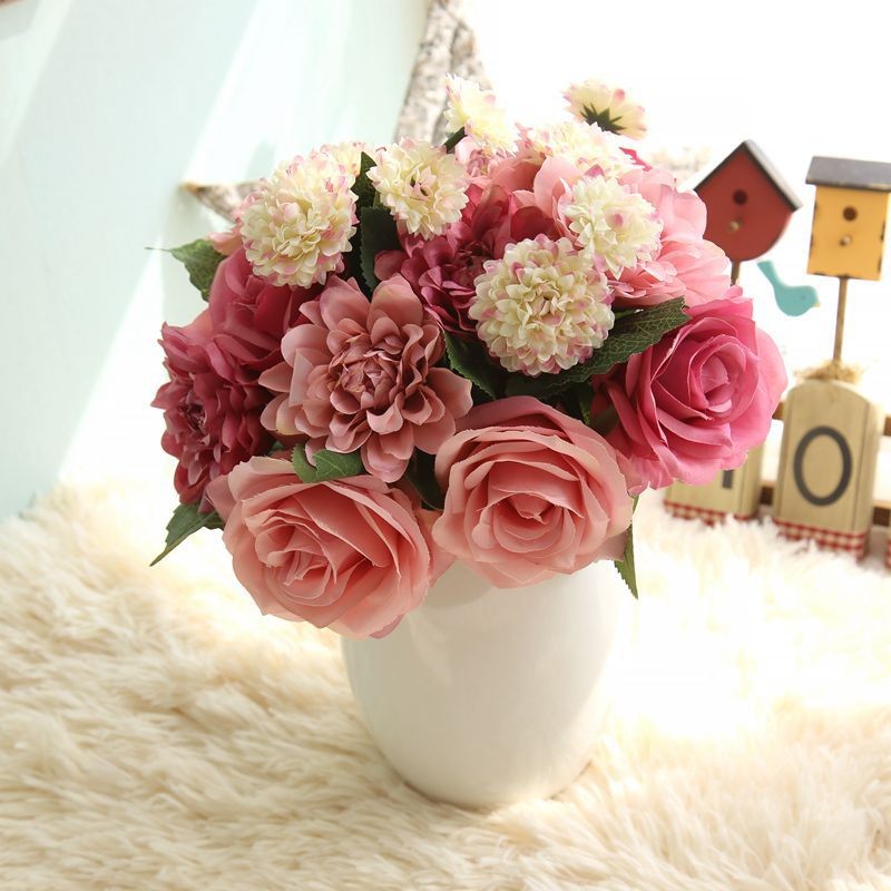 Artificial Dahlia Rose Silk Flower Bouquet Bottle Flower Home Wedding Party Deco