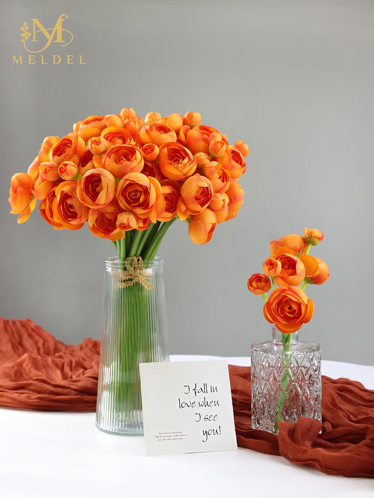 32 PCS Ranunculus Artificial Flower Faux Silk Mini Orange DIY Bouquet Peony