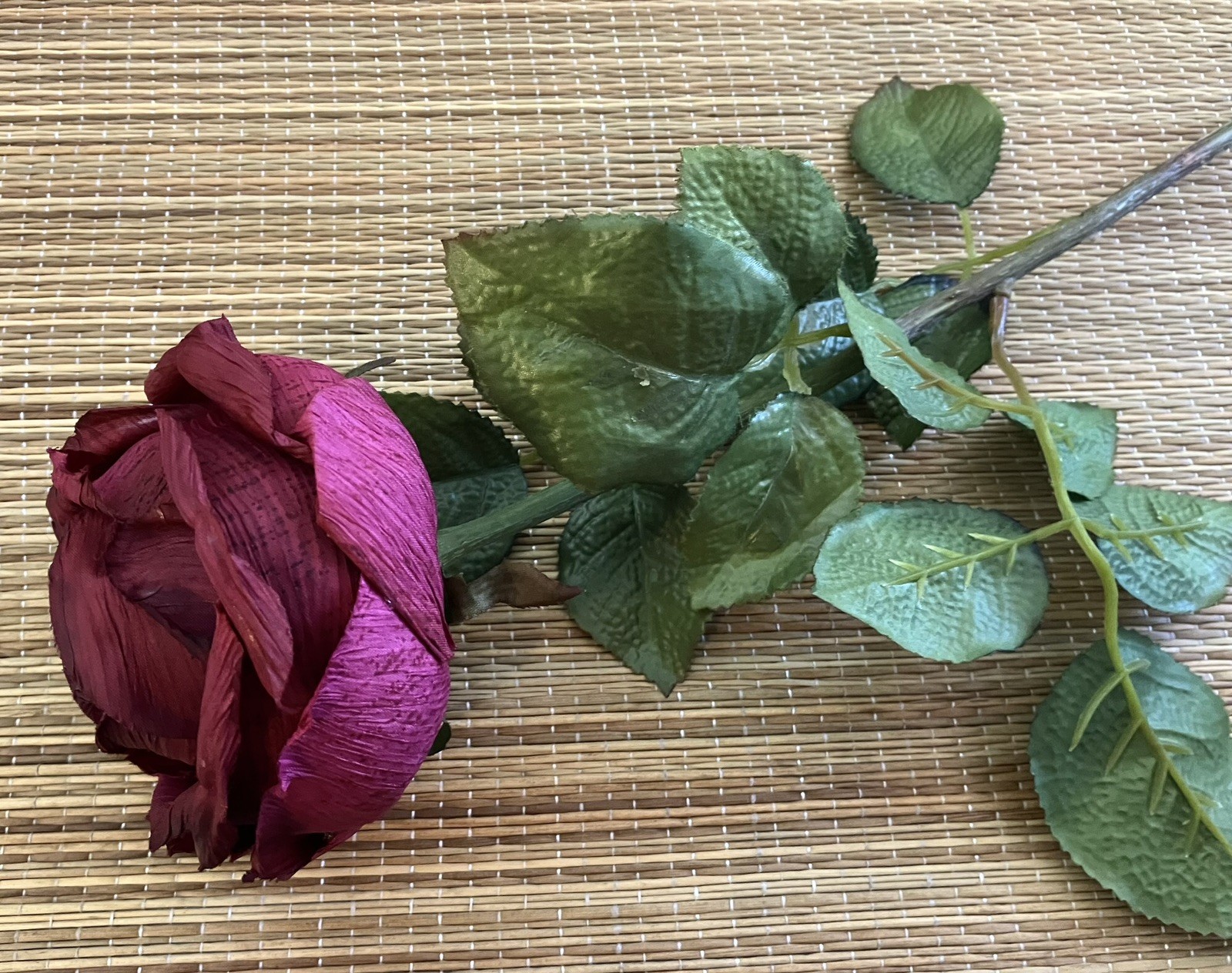 Vintage French 90’s Artificial Dark Red Cabbage ROSE Flower w/ Leaves, Long Stem