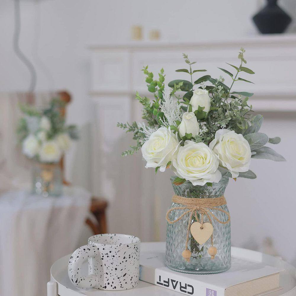 Faux Flowers with Vase 14.5 In. White Artificial Silk Roses Eucalyptus Flower Ar