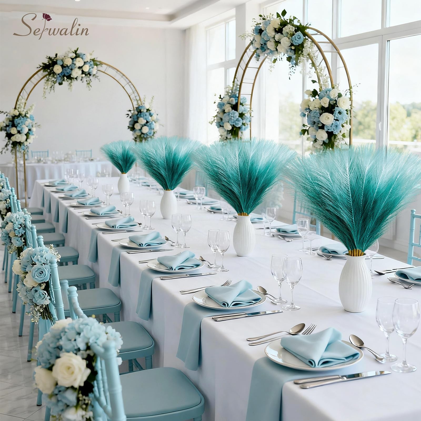 6 PCS 17.7 Inch Gradient Turquoise Green Artificial Fluffy Pampas Grass Decor