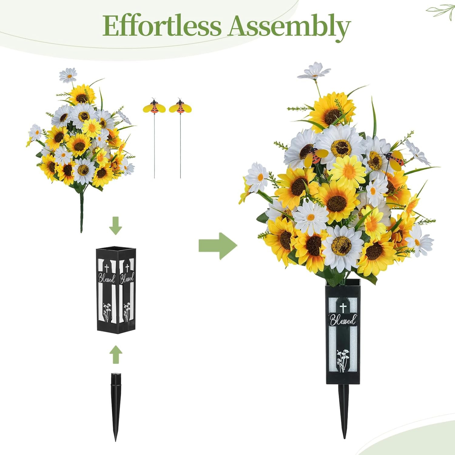 Artificial Cemetery Flowers for Grave: 2 Pcs Yellow White Sunflower Grave Flower