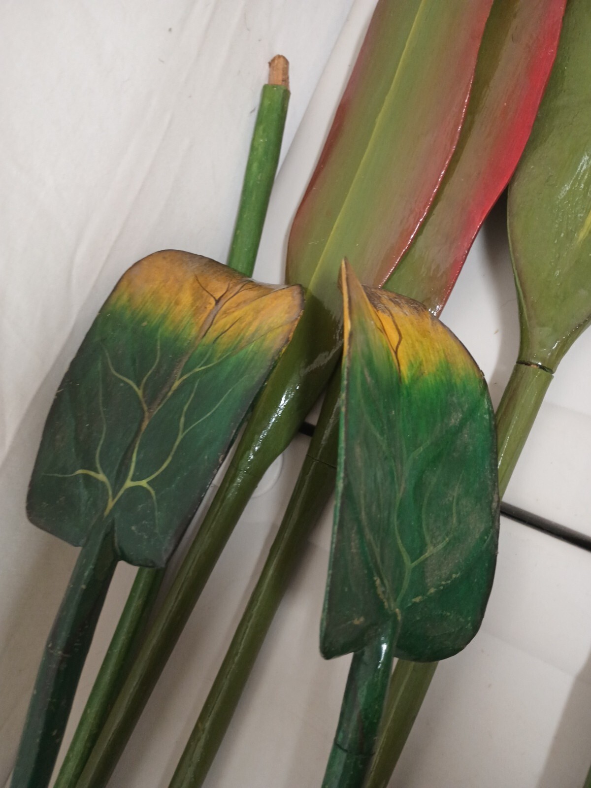 VTG Wood Tropical Flowers Long Stem 36″ Leaves Lot Of 13 Wooden Painted Carved