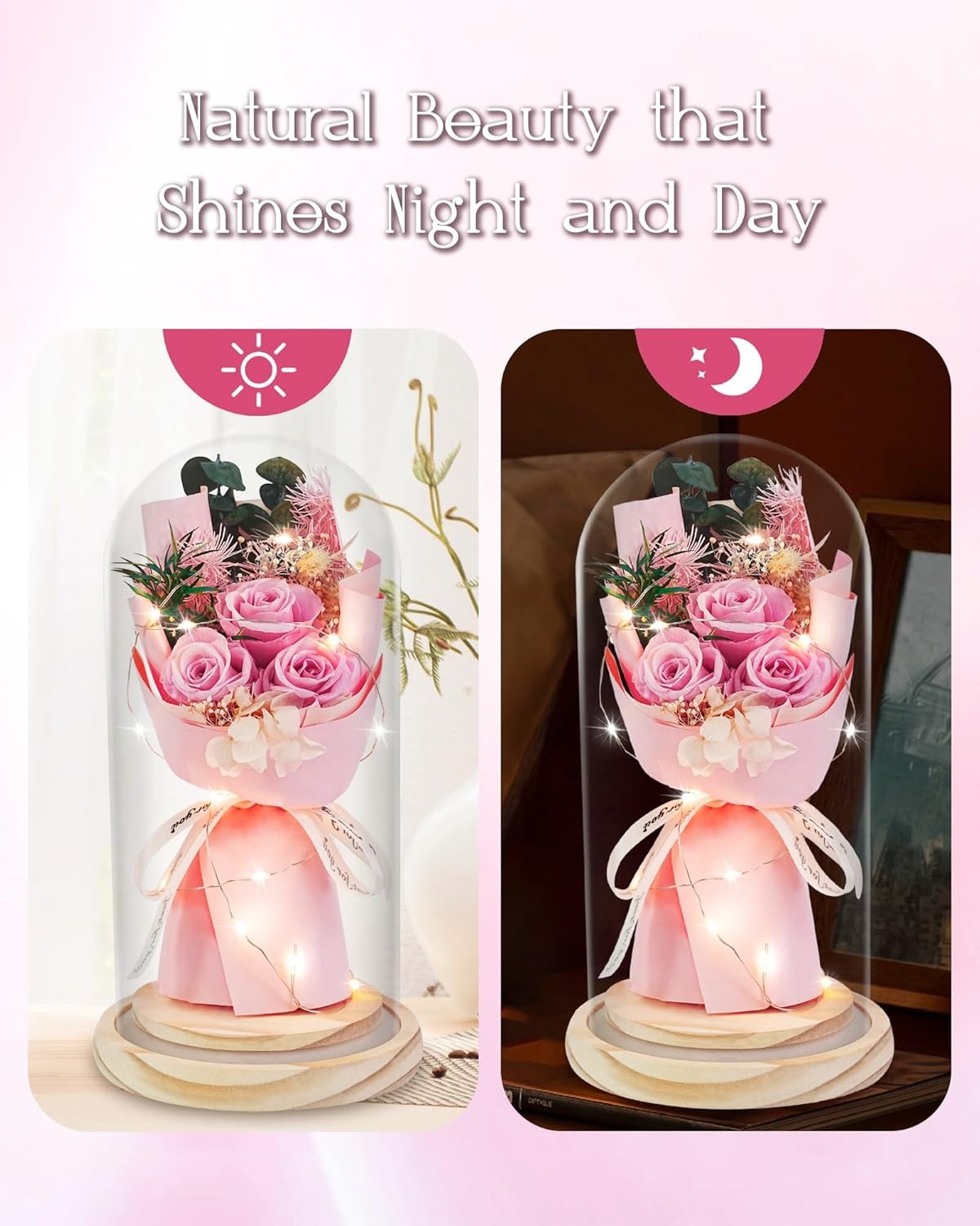 HVY Preserved Flowers Gifts for Her,Preserved Rose Bouquet in Glass Dome,Forever