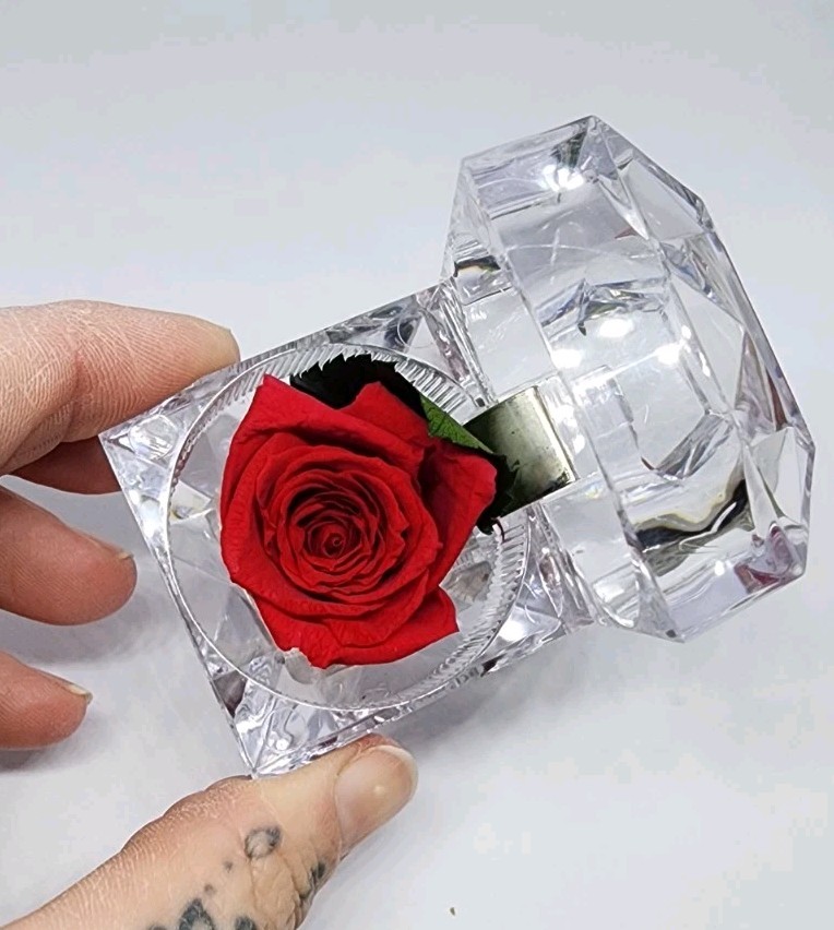 preserved Real red rose W Leaf In clear diamond shaped acrylic Ring box