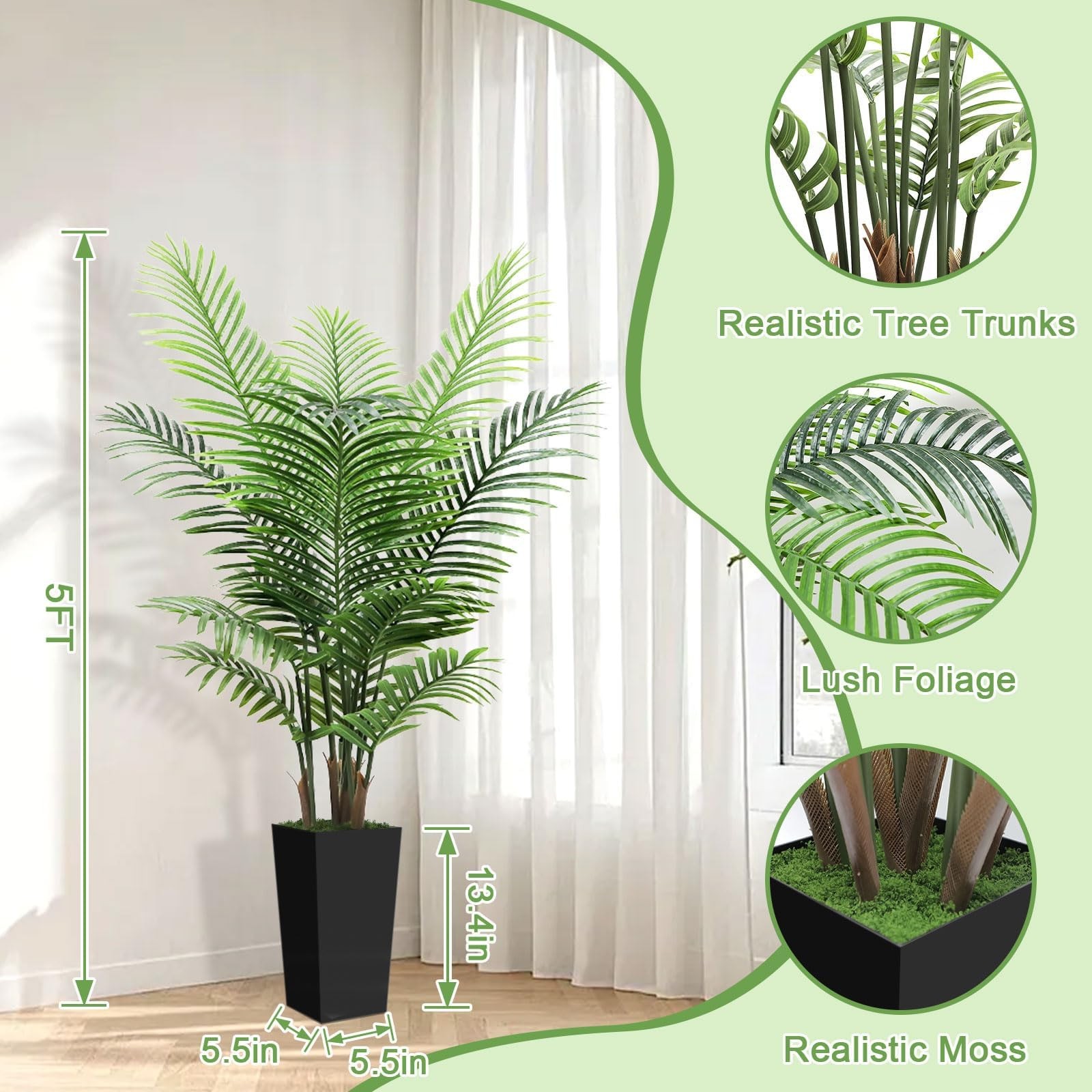 5FT Tall Fake Palm Tree with Black Planter – Artificial Plants Indoor Large F…