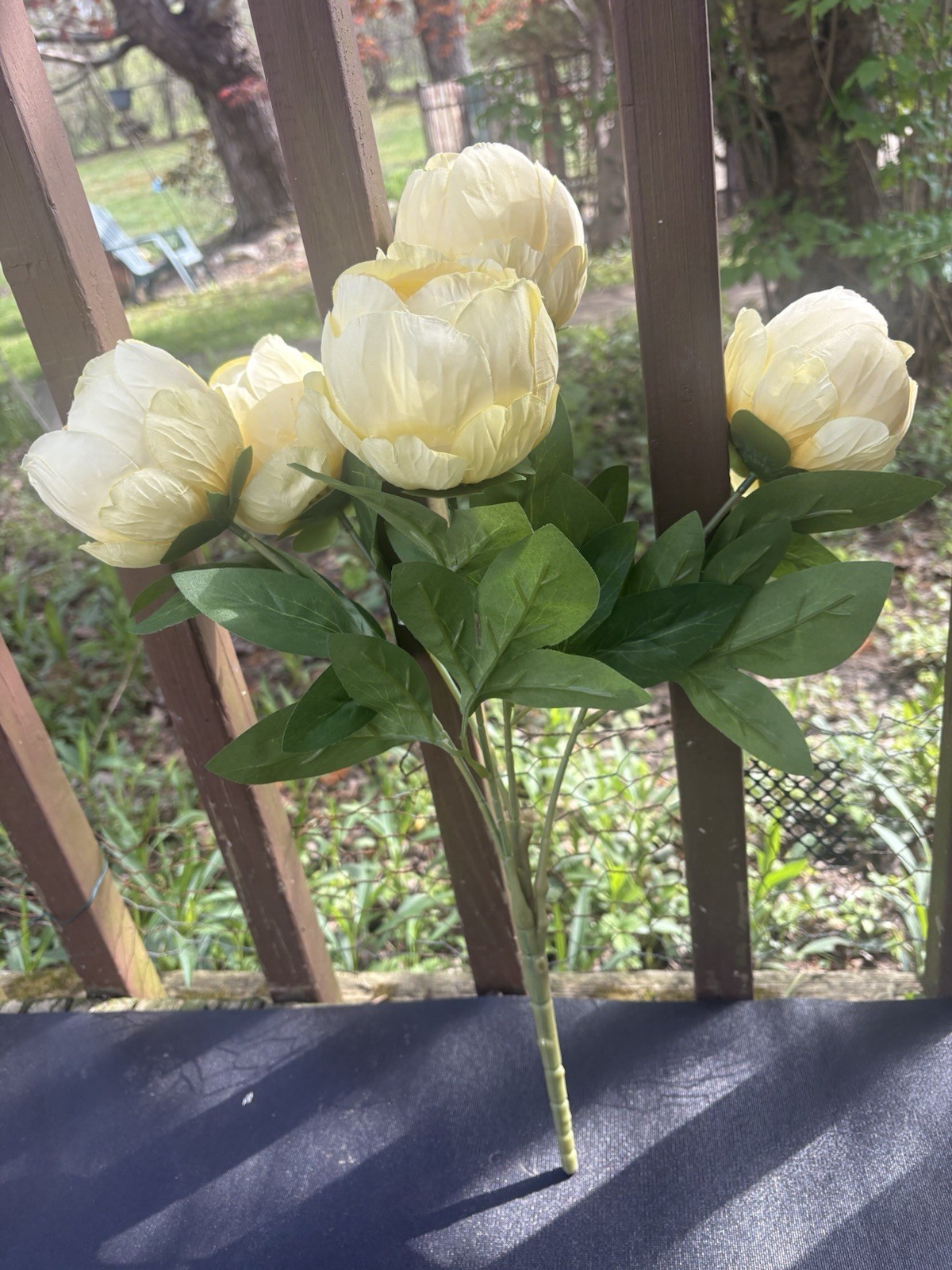 Artificial Yellow Peony Flowers Bouquet Spun Heads 5pc Fake Flowers 17”