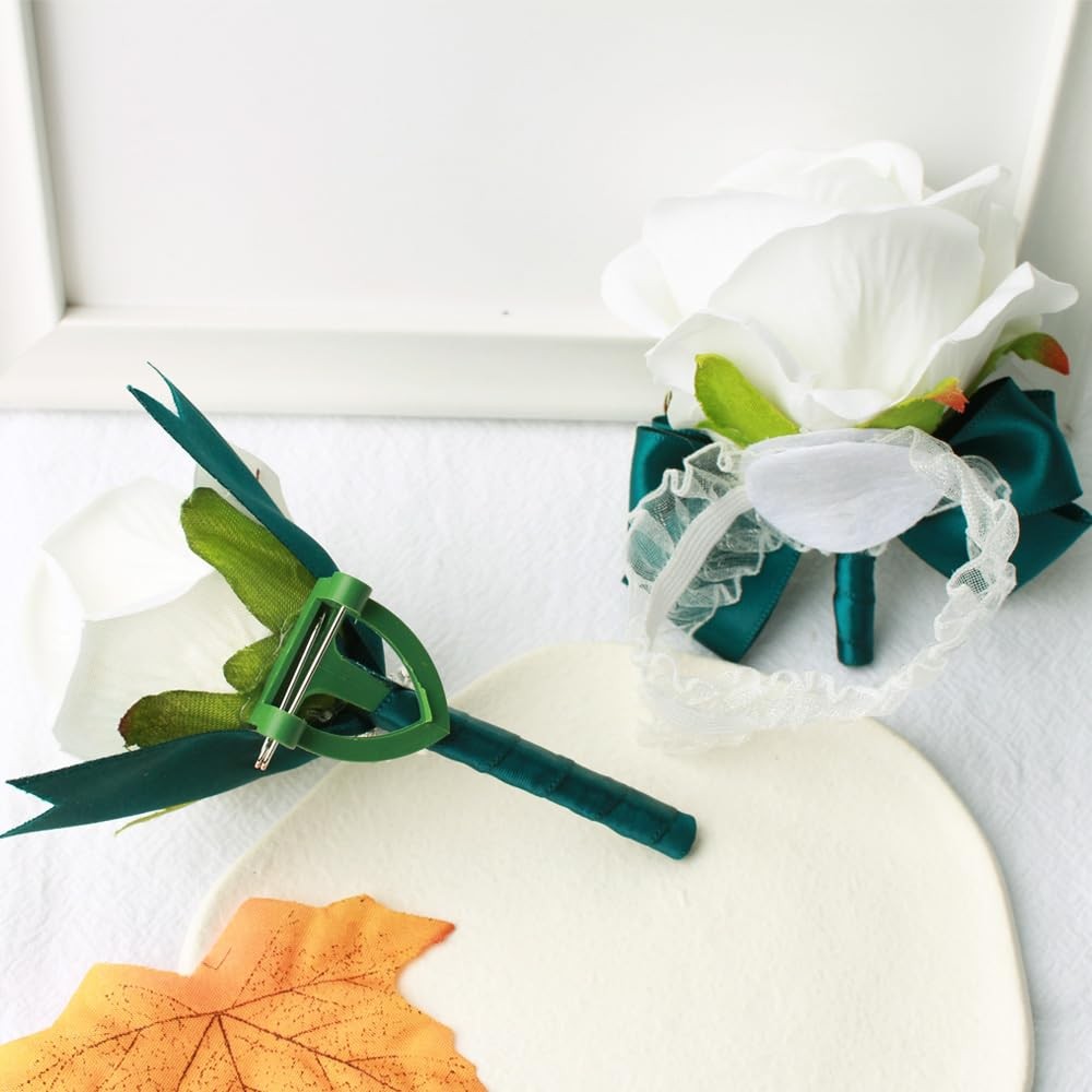 2 PCS Wrist Corsage Rose Boutonniere Set Bride Groom Prom Green White