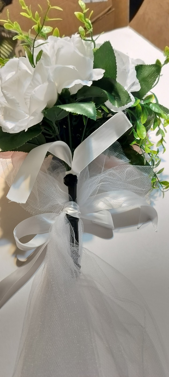 Bridal Bouquet Pink White Navy Blue Rose Artificial Flowers Ribbon Tulle Wedding