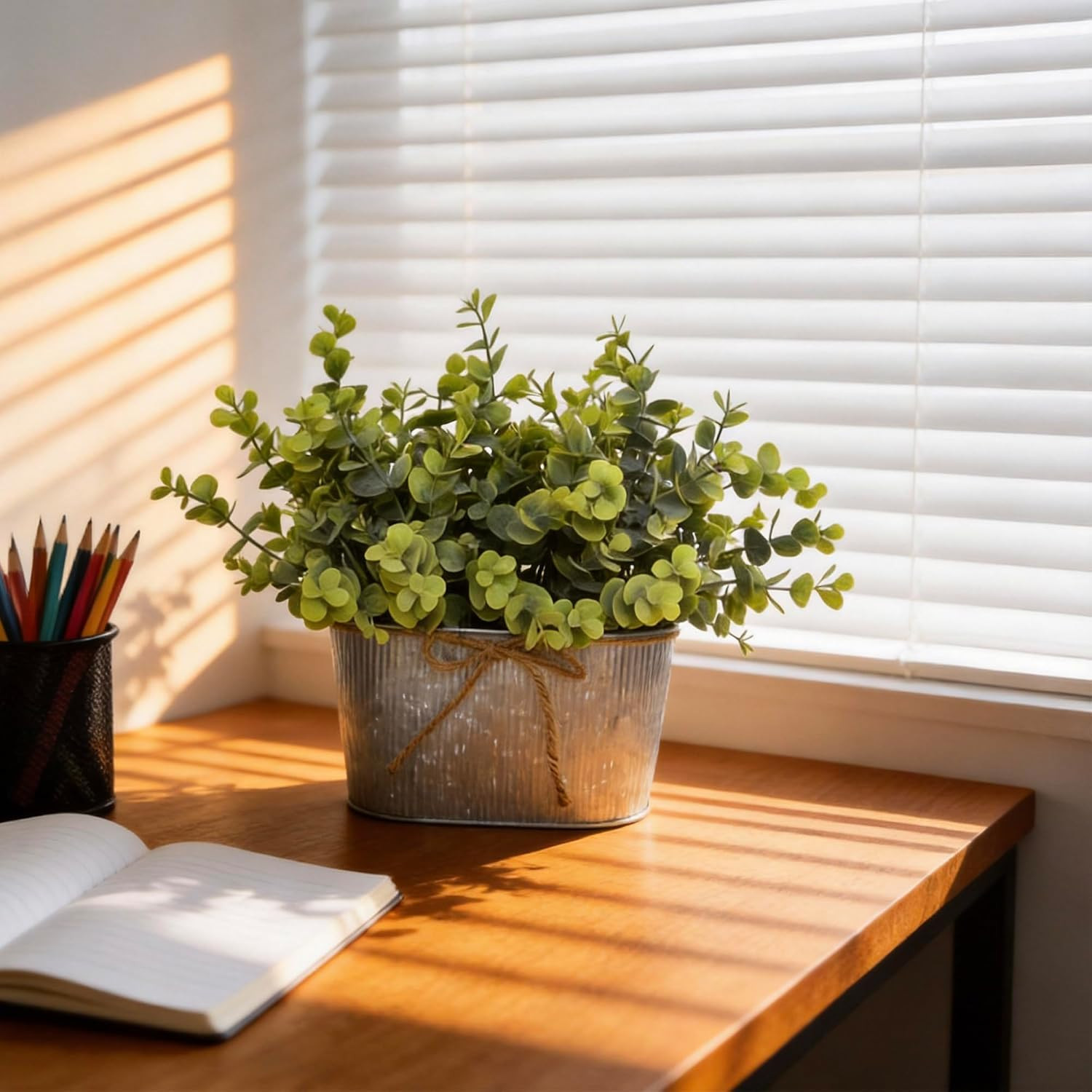 Artificial Eucalyptus Leaves Faux Plants Table Centerpiece, Rustic Potted Plants