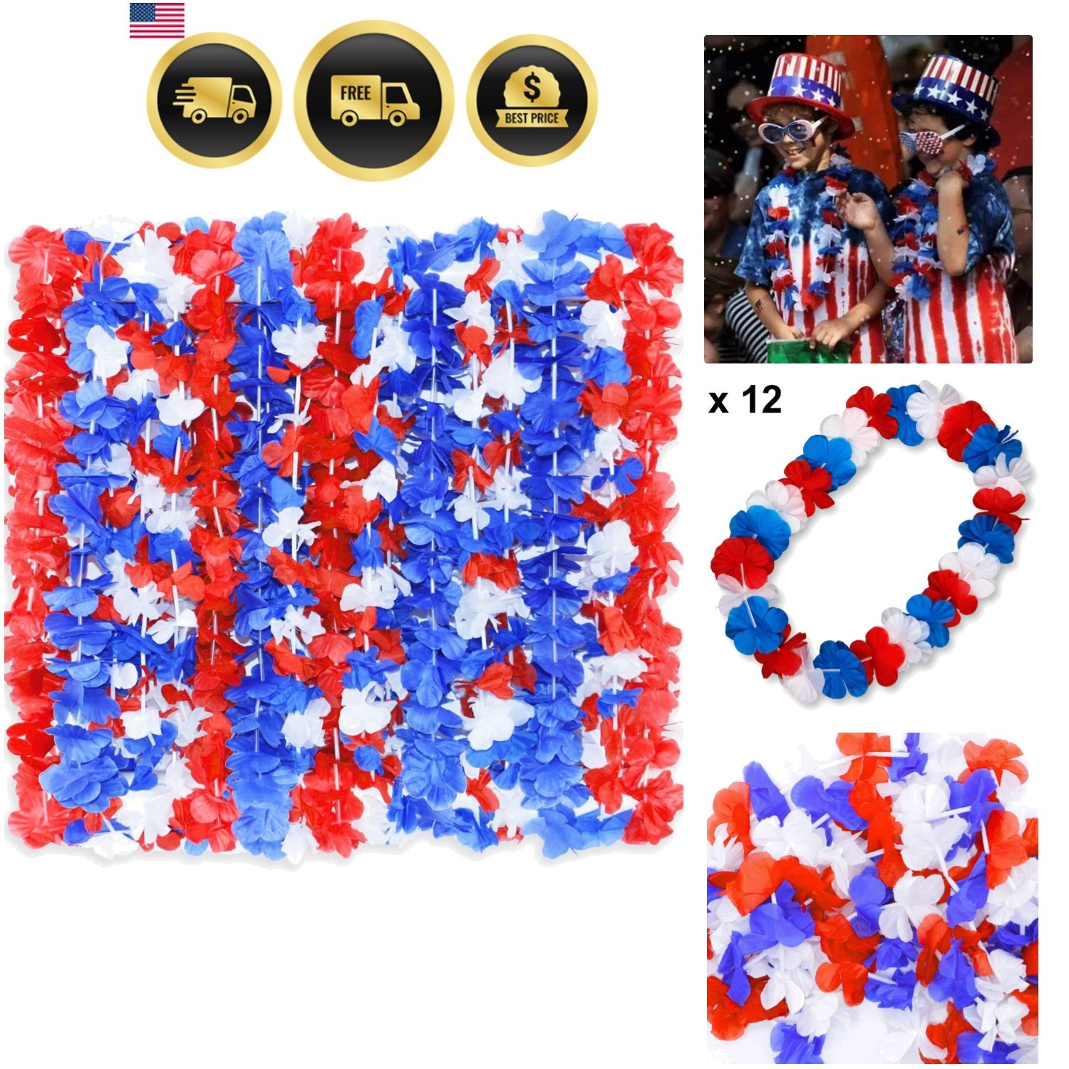 Red White and Blue Flower Leis, Memorial Day Decorations, 4th of July Memoria…