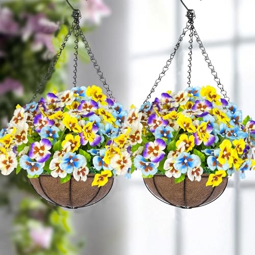 Pansies Fake Hanging Plants Pansy Flowers & Basket for Outdoor Outside