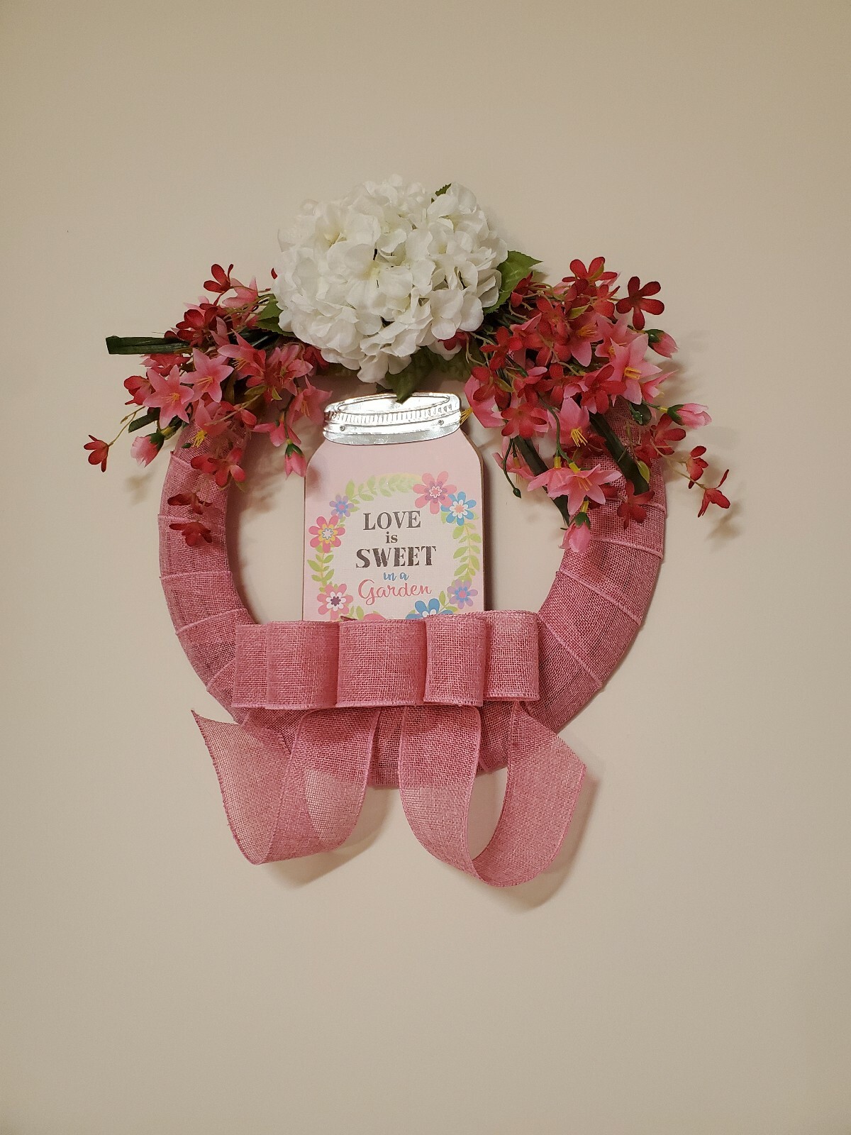Wreath “LOVE is SWEET in a garden” Pink burlap mesh Pink flowers Decor Door 16″