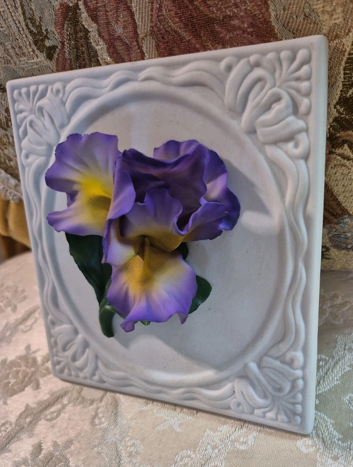 Vintage Blue Yellow Iris Fabar Capodimonte Porcelain Italy Flower Sculpture