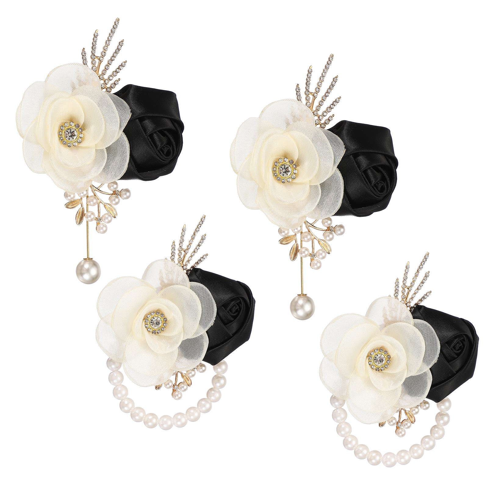 2 Sets Wrist Corsage and Boutonnieres Set for Wedding Groom Bride, Black