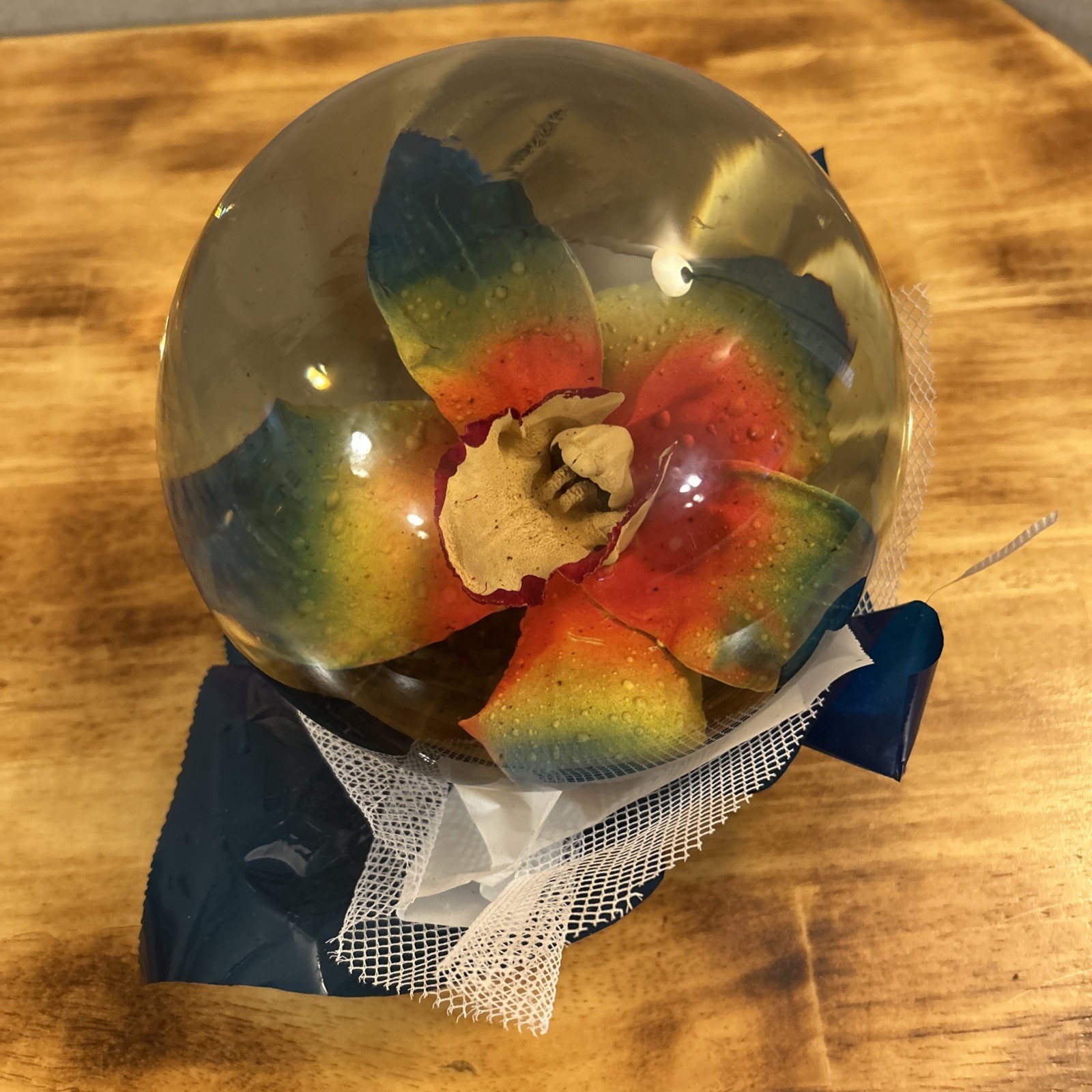 Bill Doran multicolored 6” Orchid flower glass paperweight