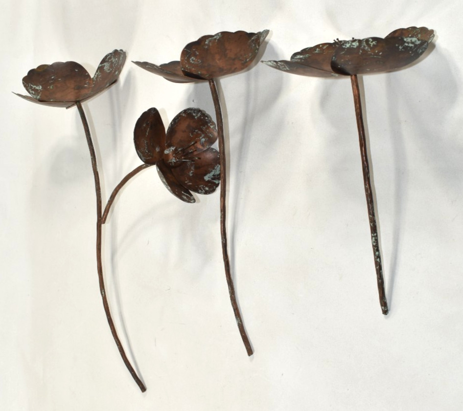 Pottery Barn SAMPLE 3 Pcs Metal Flowers Poppies Poppy Stems Copper Color NO VASE