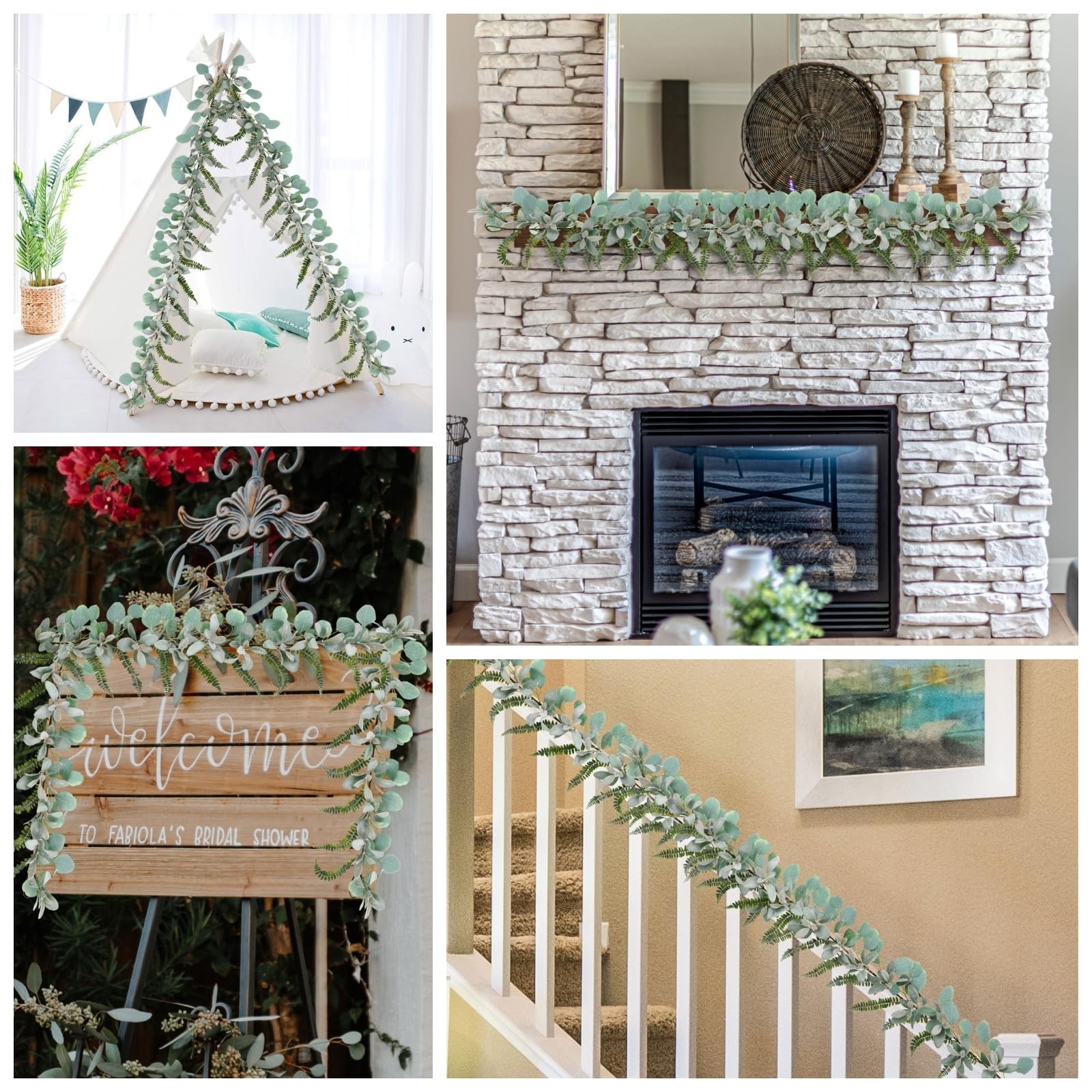 2 Pack 11.8 ft Artificial Flocked Lambs Ear Garland Eucalyptus Fern Leaves Gr…