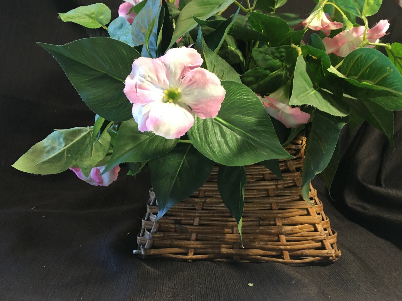 Faux Silk Pink Petunia Greenery In Brown Wicker Basket
