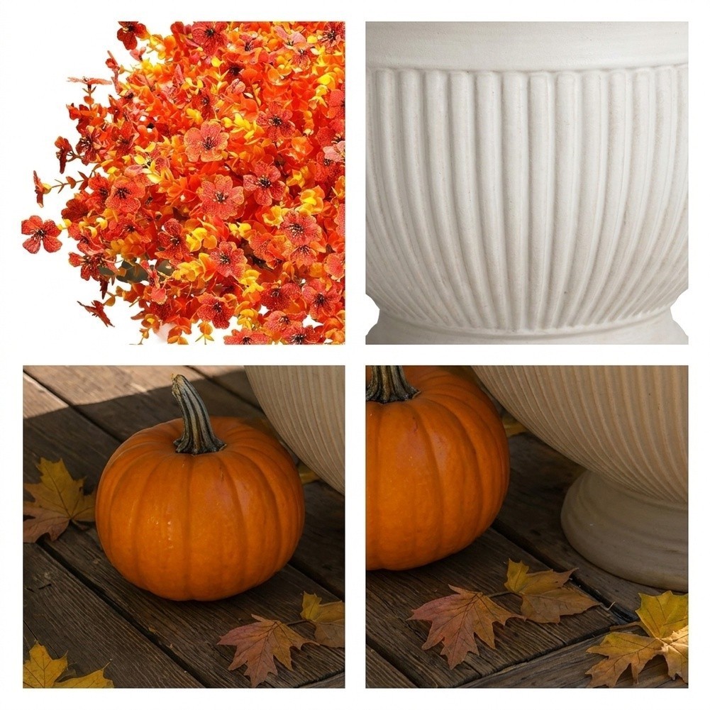 12 Pack Artificial Orange Mums For UV Resistant Autumn Flowers 35cm Plastic