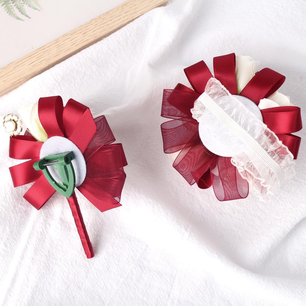 Prom Corsage Boutonniere Set Ivory Rose Wristlet Wedding Homecoming Red Ivory