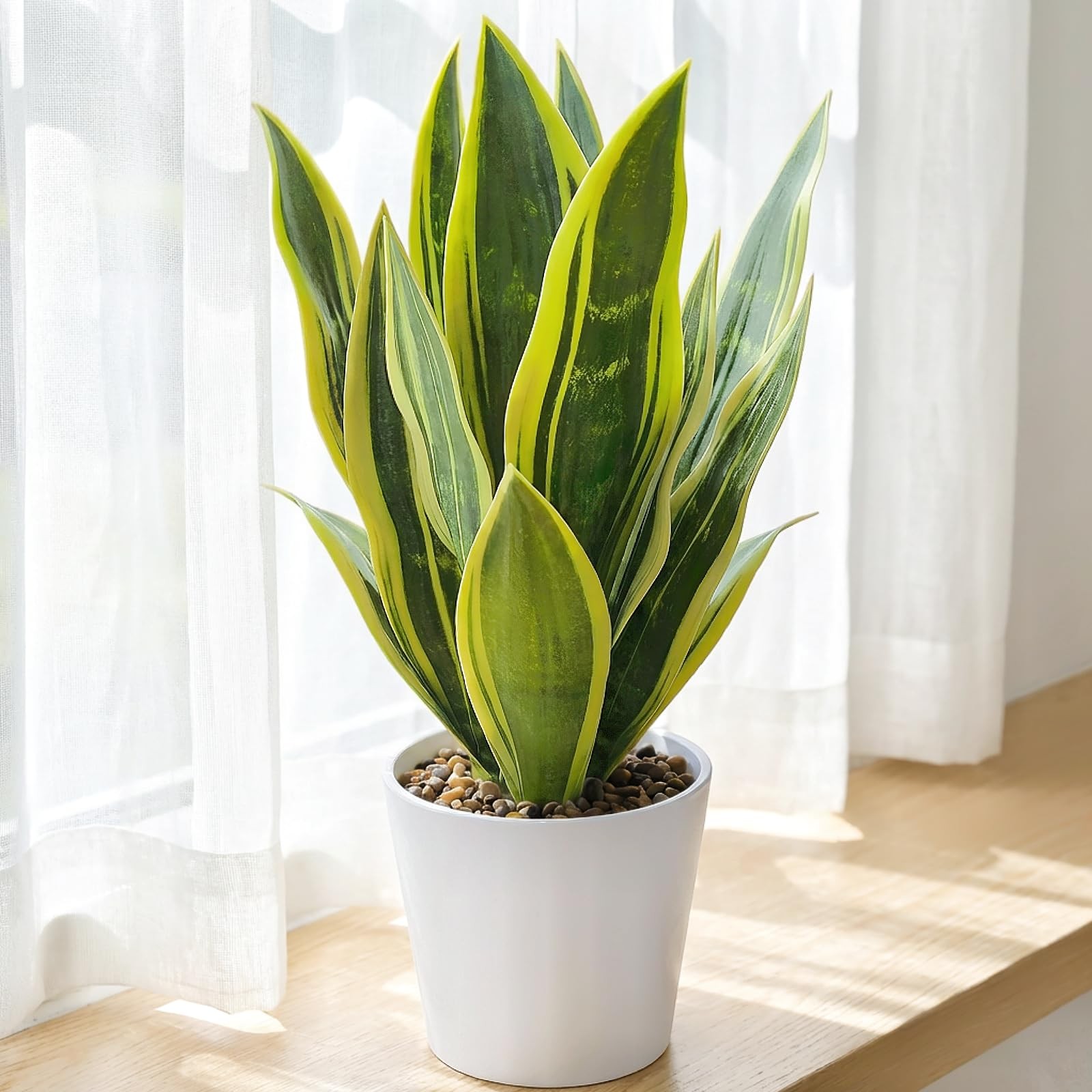Artificial Snake Plants in White Pot, 15.5” Sansevieria Potted Plant, Modern…