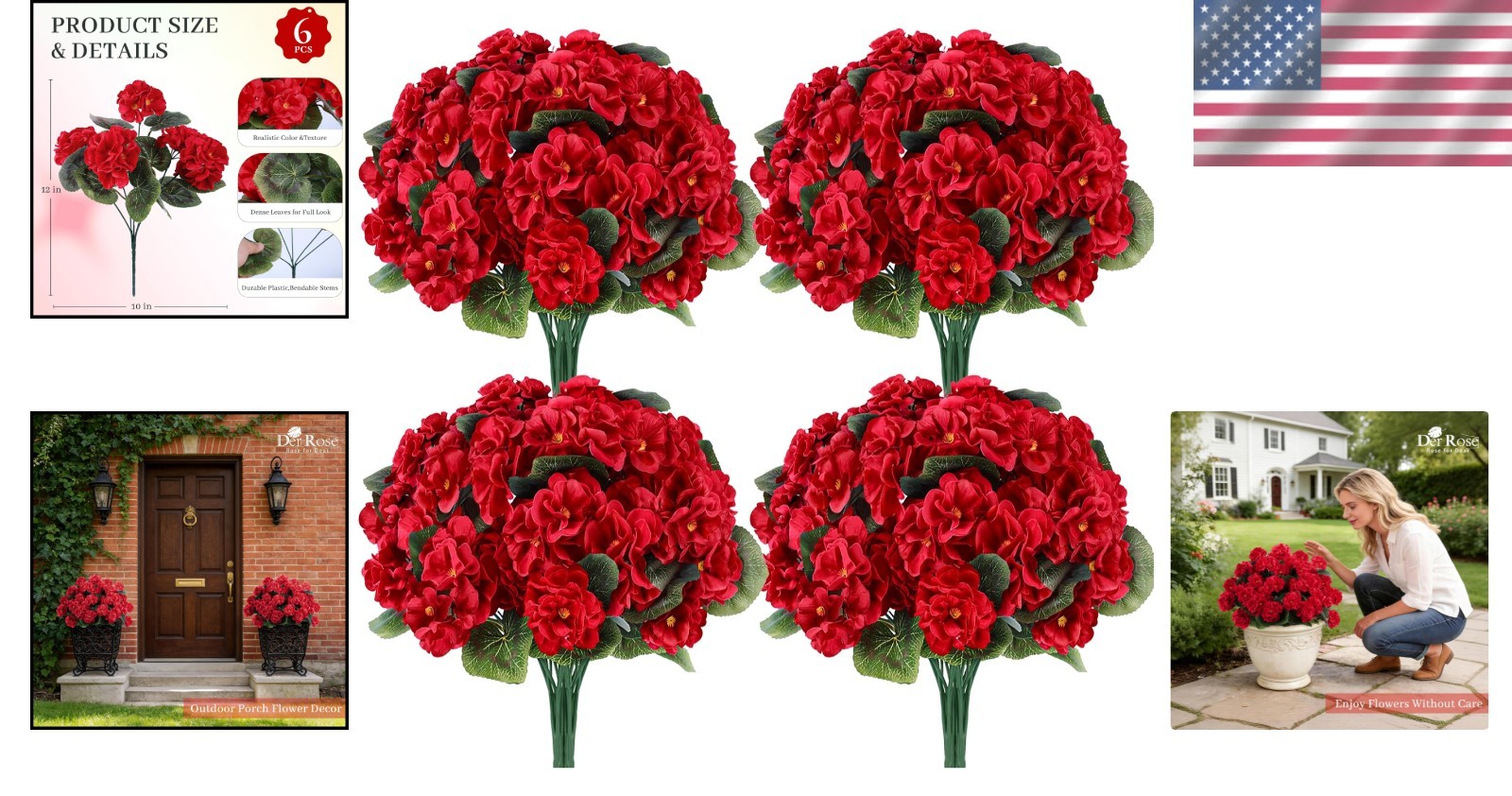 6 Pack Red Artificial Geraniums Flowers for Outdoors UV Resistant Faux Flowers f