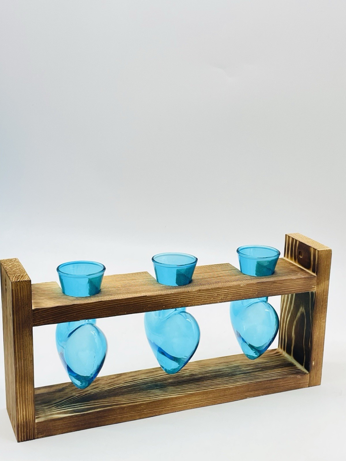 Plant Terrarium Propagation Wood Stand Tabletop Planter 3 Bulb Blue Glass Vase