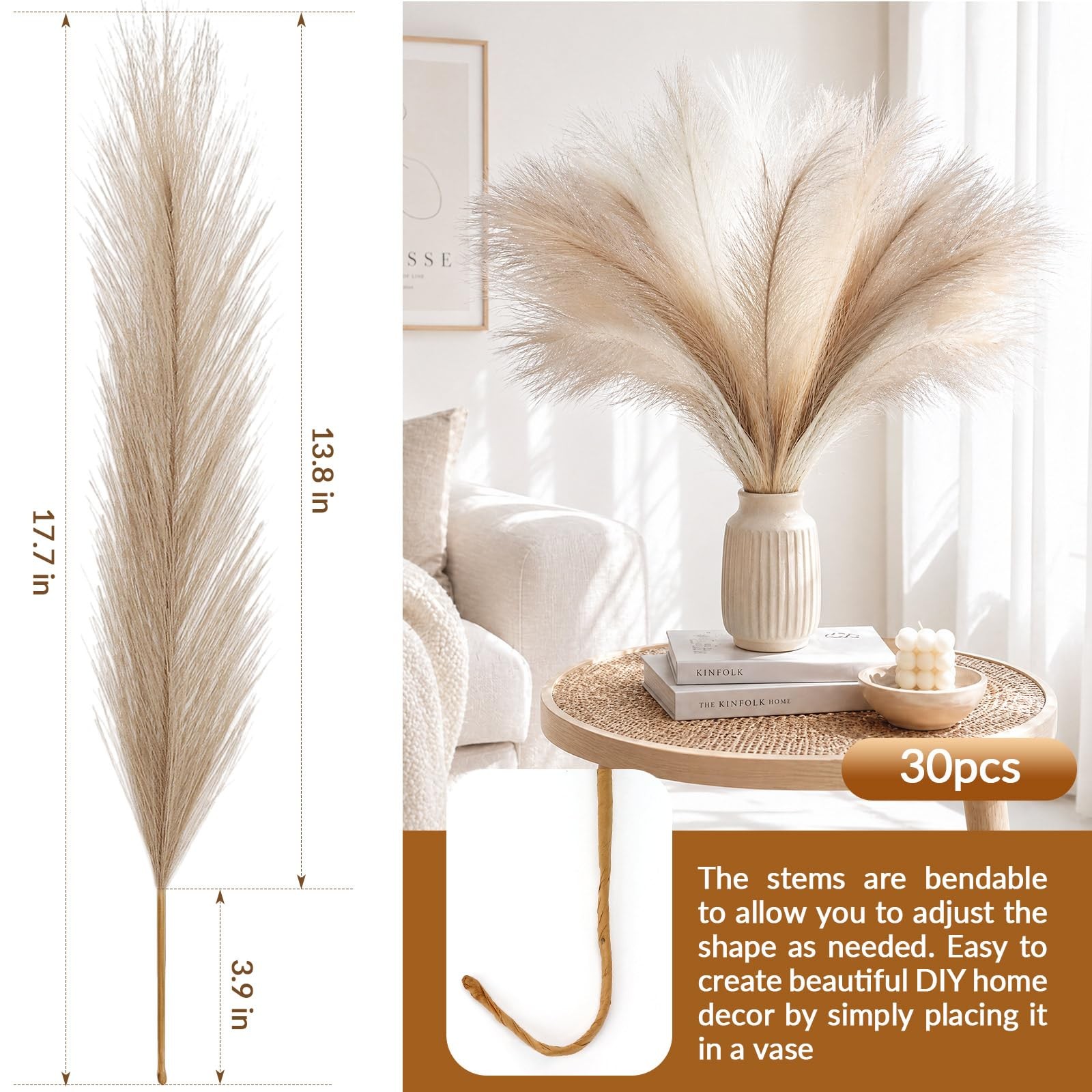 30 PCS 17.7 Inch Artificial Pompous Grass Bulk Beige/Brown Vase Filler