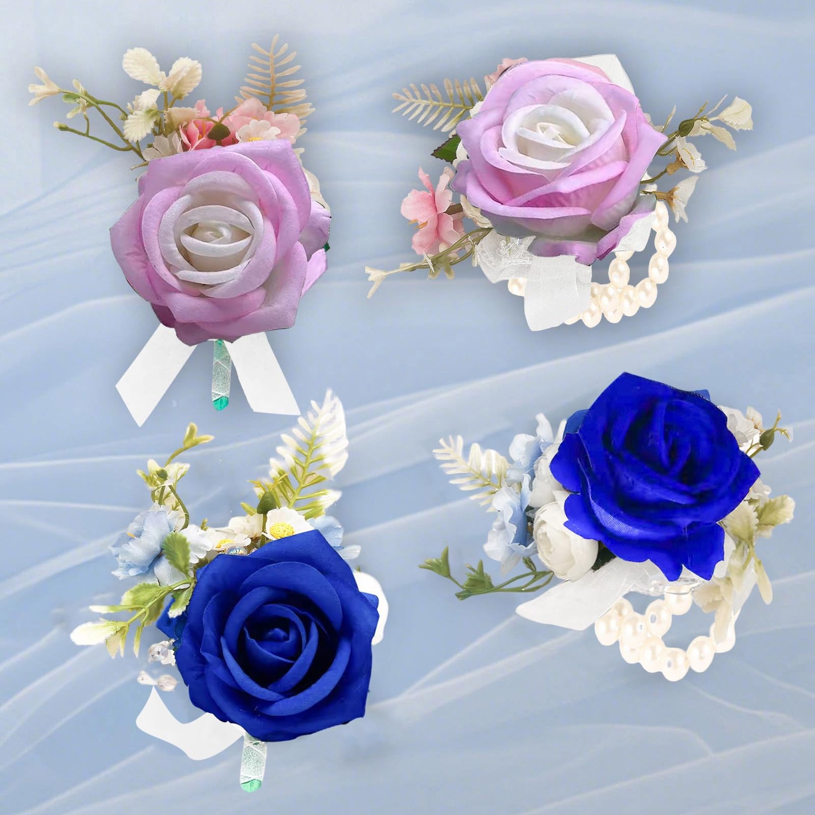 Dark Blue Wrist Corsage Boutonniere Set Artificial Rose Wedding Prom Party