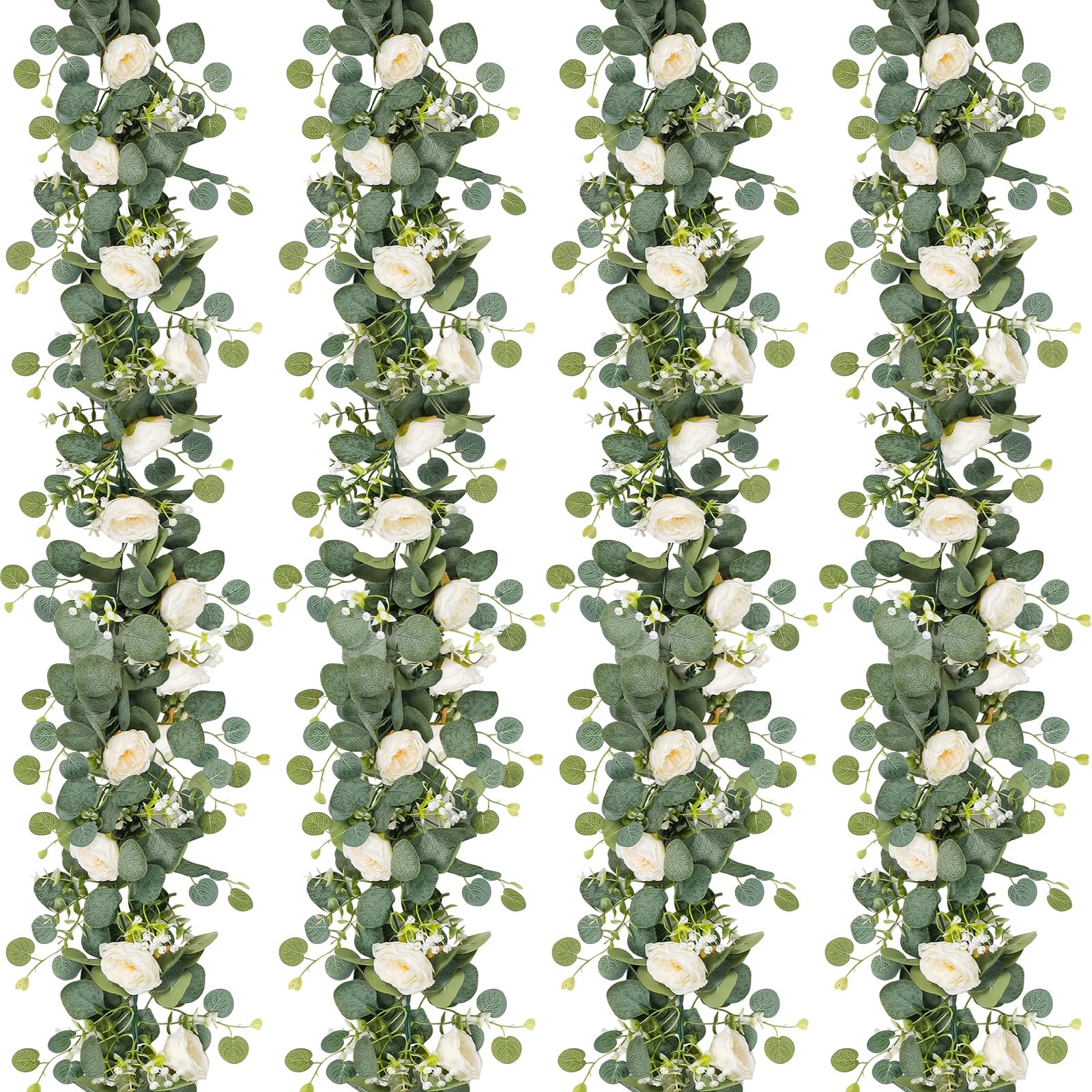 4 Pack Artificial Eucalyptus Flower Garland with White Roses, Fake Rose Flowe…