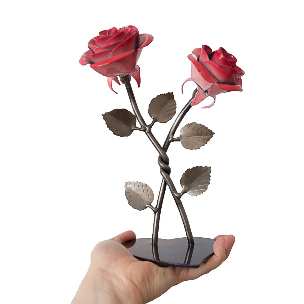 Hand-Forged Double Red Metal Rose with Twist – Iron Anniversary Gift