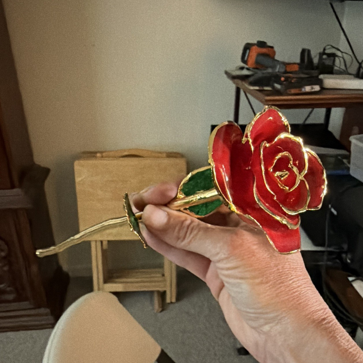 Artificial Metal Rose Flower Stem Decor – Red Gold with Green Leaves
