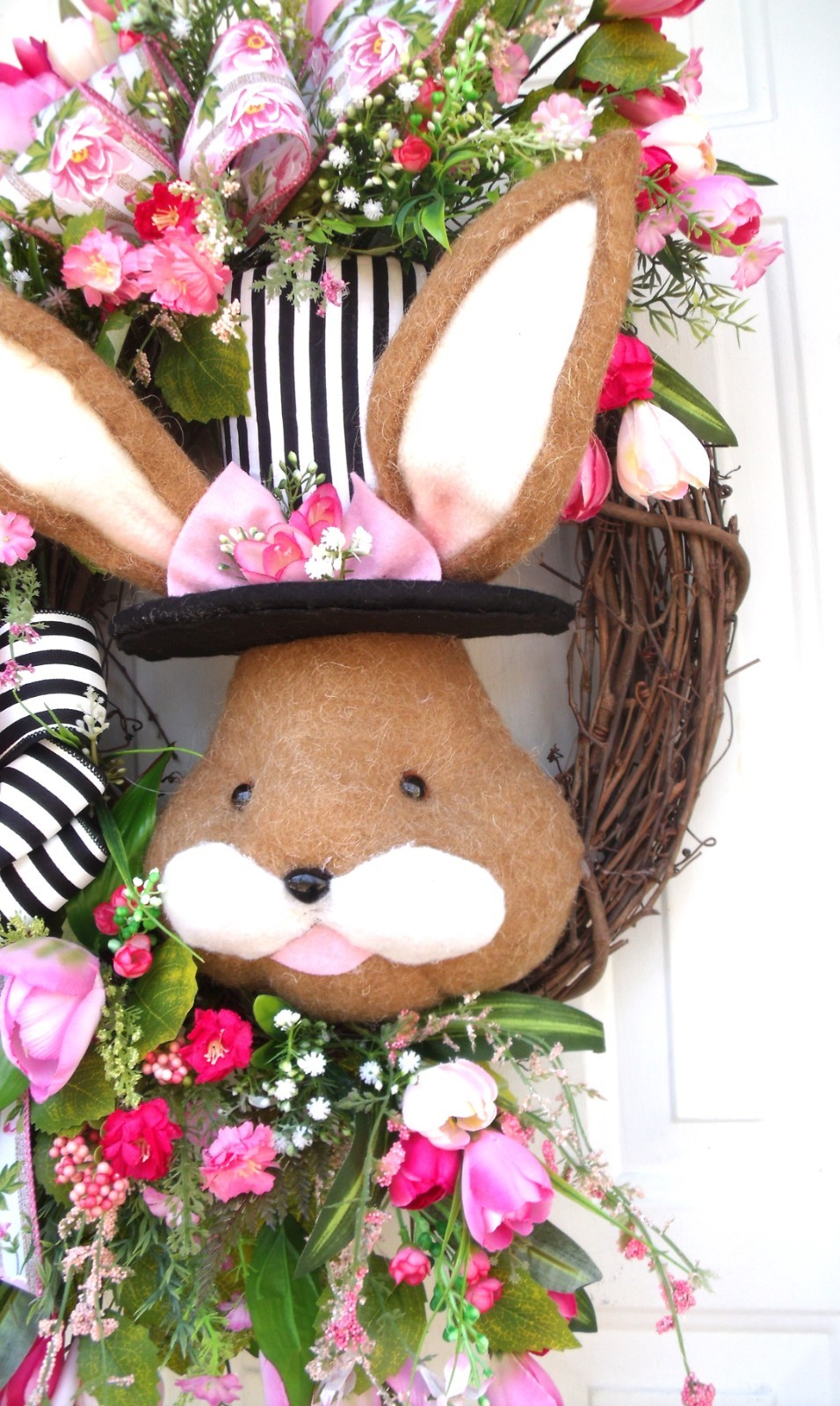 Spring Easter Bunny Wreath, Door Decor Pinks/Black/Whites