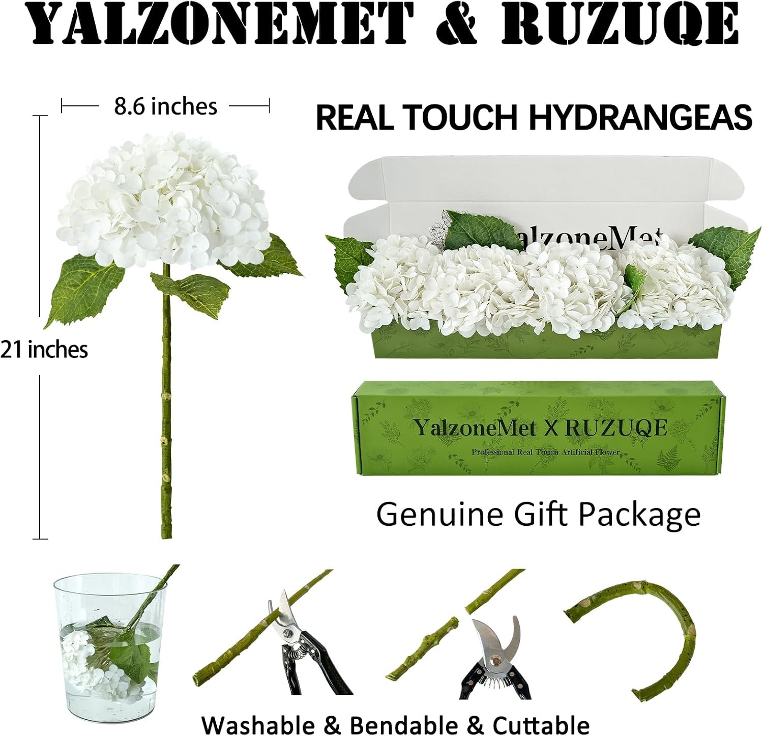 YalzoneMet 4 Pcs 21 Inch Real Touch White Hydrangea Flowers