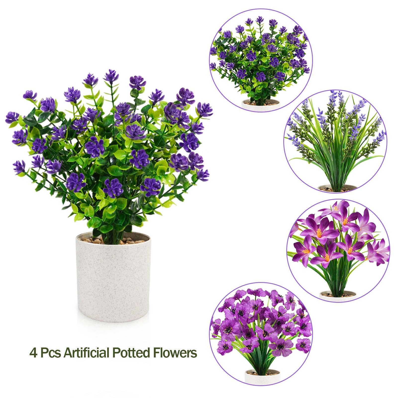 4 Pack Artificial Flowers in Pots, Mini Fake Potted Plants Small Faux Flowers…