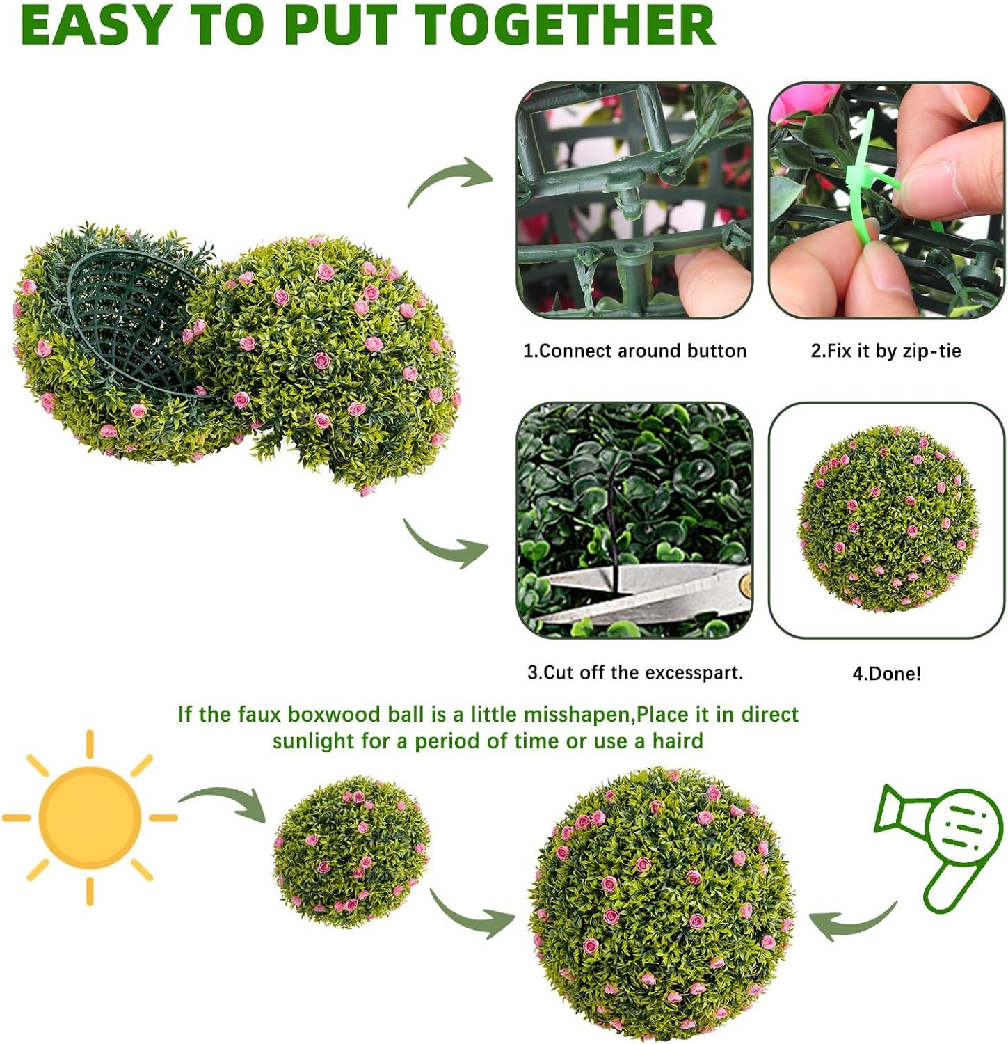 22.4″ Faux Boxwood Topiary Balls with Pink Flowers – 2 Pack for Home & Garden