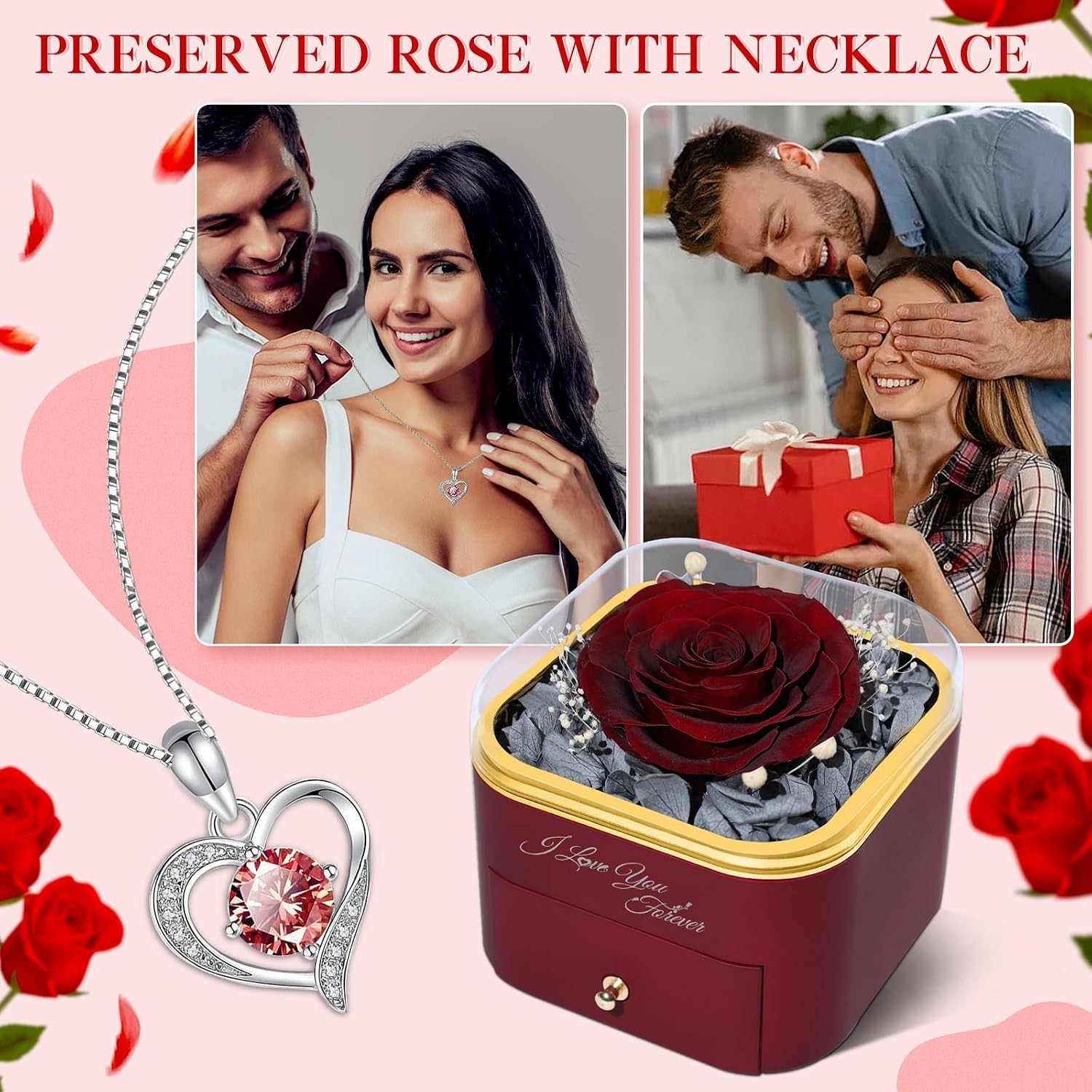 Preserved Real Rose and Heart Pendant Necklace – Unique Gifts for Any Occasion