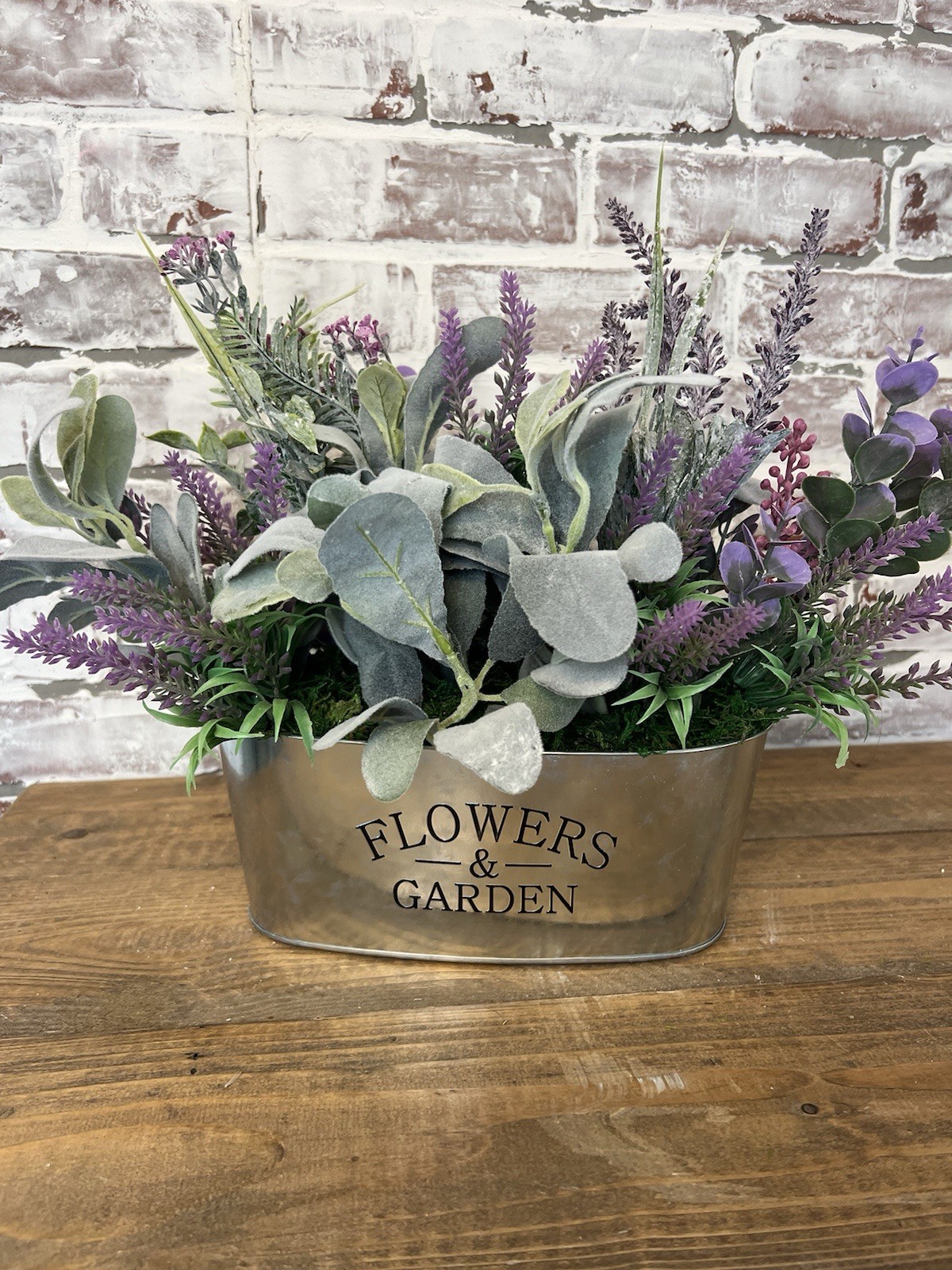 Lavender And Lambs Ear Floral Arrangement In A Galvanized Metal Container.