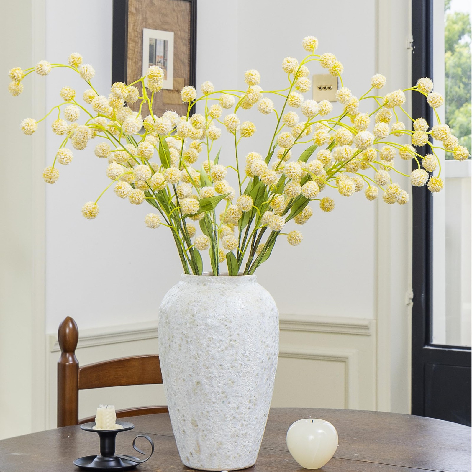 6 Pcs Yellow Real Touch Faux Silk Pompon Mum Artificial Flowers 28.5 Inch