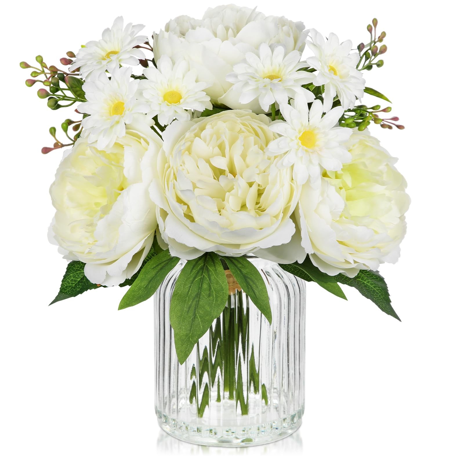 Artificial Flowers in Vase White Silk Peony & Daisy Faux Floral Arrangements …