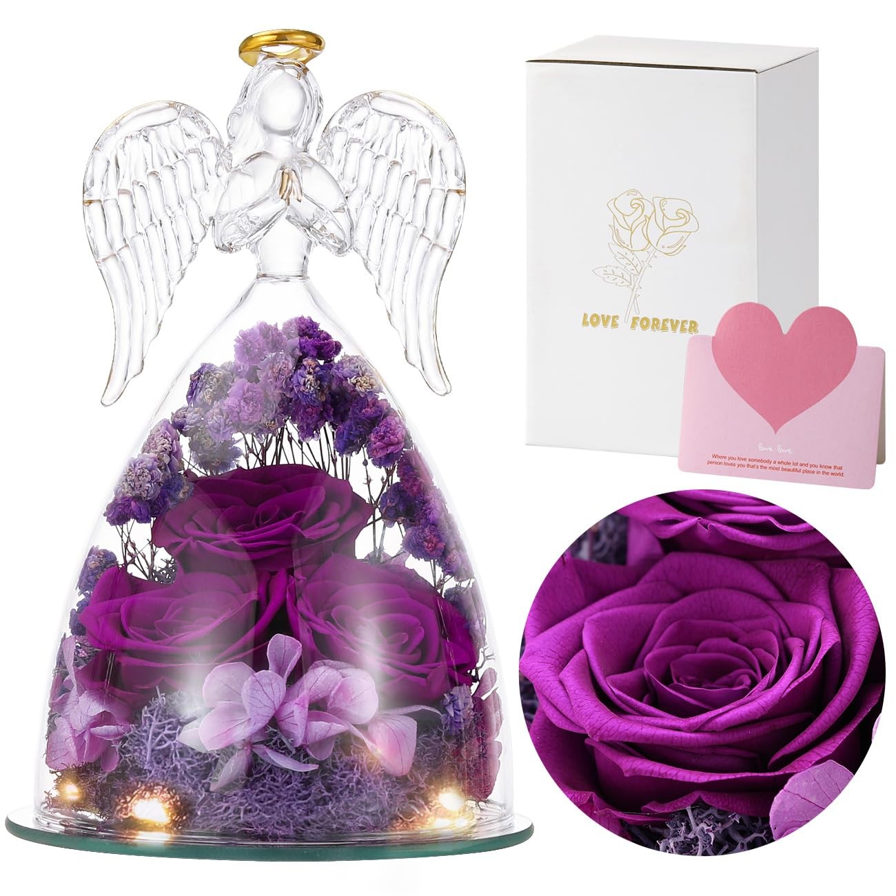 Preserved Rose Glass Angel Figurines Gifts for Mom Grandma, Purple
