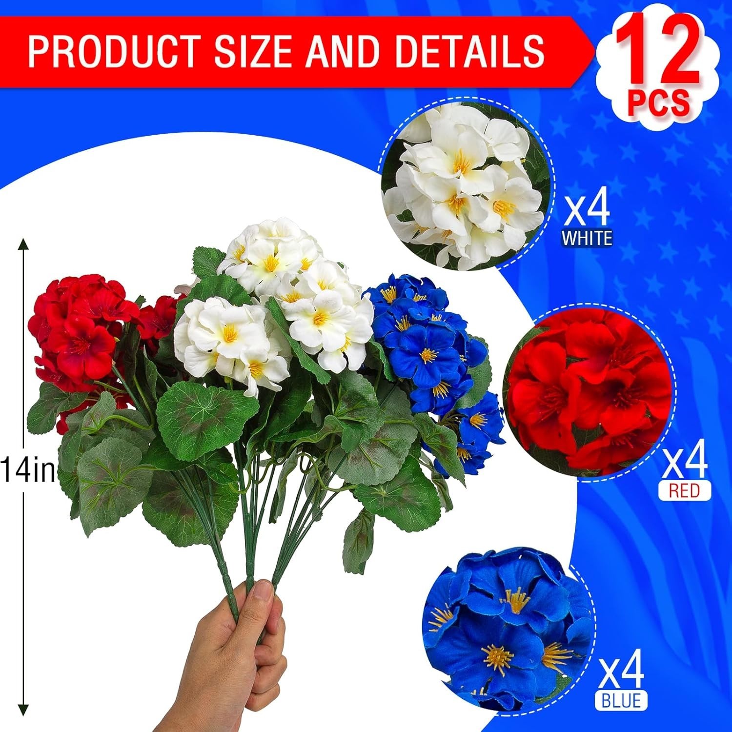 Patriotic Silk Geraniums – 12 Pcs Realistic Flowers for Home and Outdoor Decor