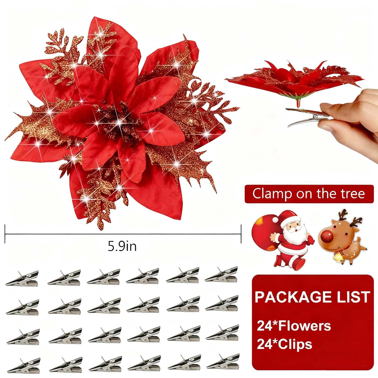 24 Pcs Christmas Artificial Poinsettia Flowers 5.9 Glitter Poinsettias Flower…