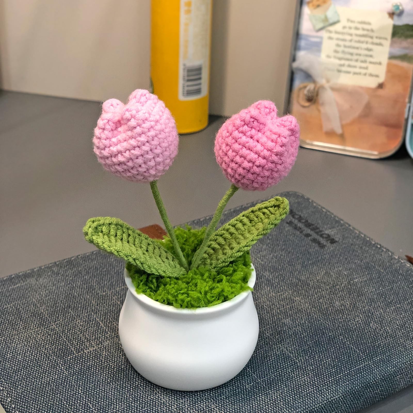Crochet Flowers, Potted Pink Gradient Tulips, Car Dashboard, Home Office Decor