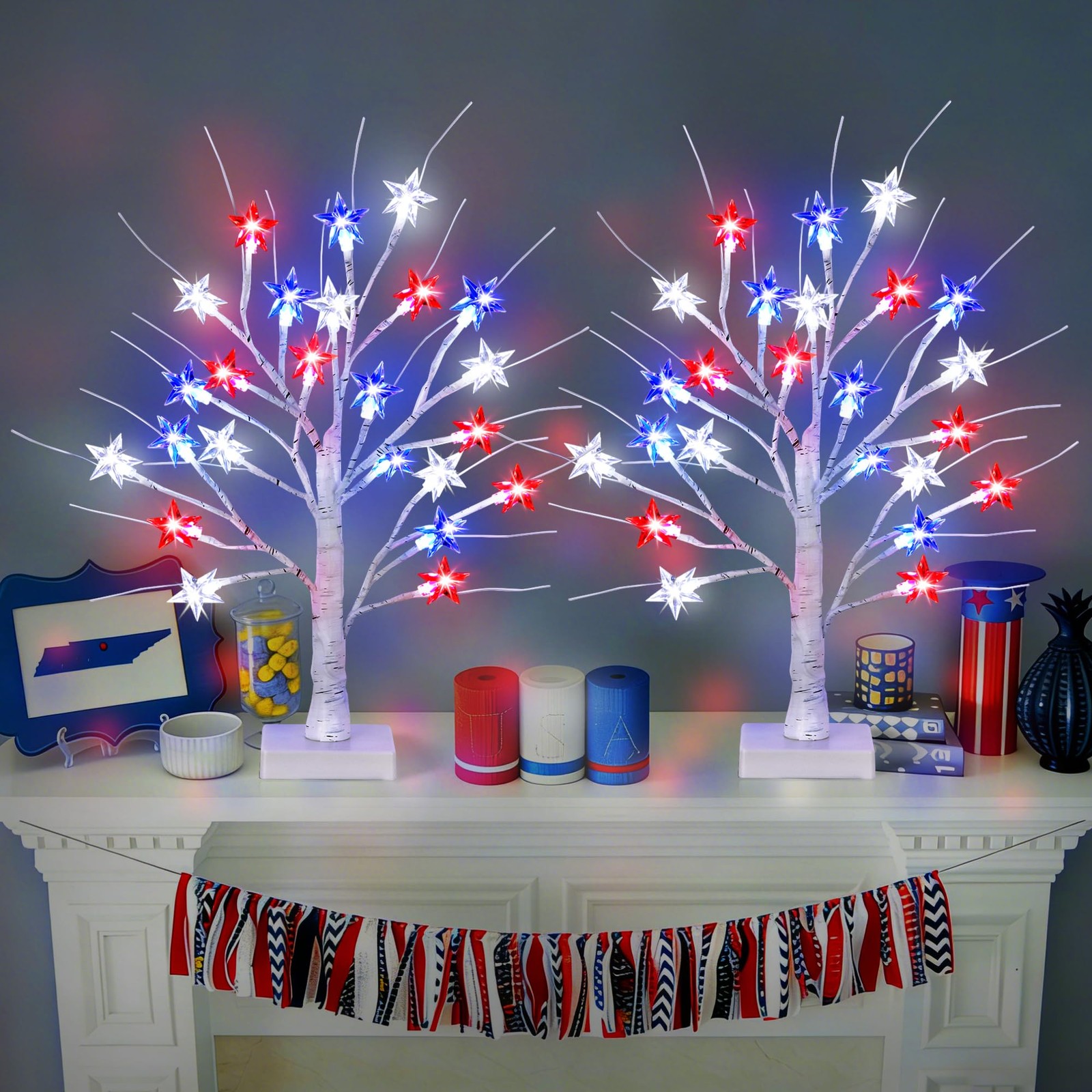 2 Pack 18″ 4th of July Patriotic Tree Lights with 24 LED Red White Blue Star …